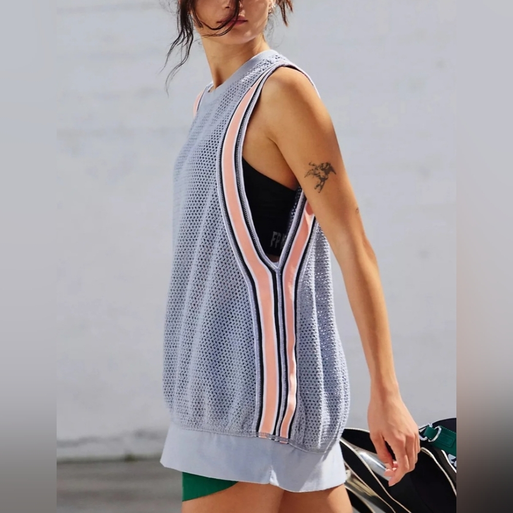 FP Movement by Free People Gray Mesh Tank with Pink and Navy Stripe